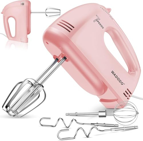 WADODO Electric Hand Mixer, 7-Speeds Small Handheld Mixer with 5 * 304 Stainless Steel Beaters, Dough Hooks & Whisk Attachment, Portable Food KitchenMixer for Baking Cake Cookies Cream, pink