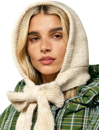 CITASHION Hooded Scarf for Women Winter Knitted Beanie Hat Scarf Balaclava Warm Wrap Head Scarves Pullover Hat for Winter Fall Off White