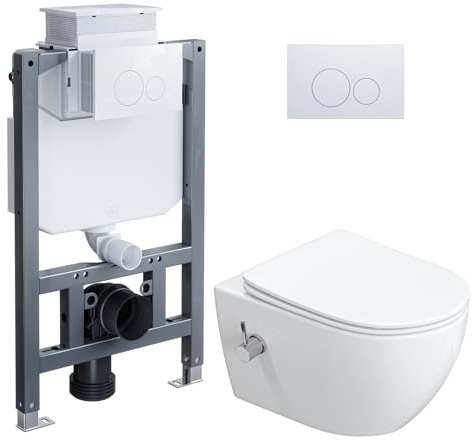 WC con cassetta di risciacquo da incasso, set completo da parete, WC sospeso con ugello integrato, WC da parete con funzione bidet, WC con nano, sedile WC con abbassamento automatico, acqua fredda, 53