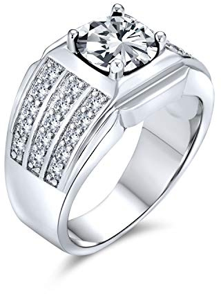 Bling Jewelry Personnalisez Bague de Fiançailles pour Homme avec Pierre Précieuse AAA Zircon Cubique 3 Rangées Pavé Large Côté 3CT AAA CZ Solitaire Déclaration Plaqué Argent Personnalisable
