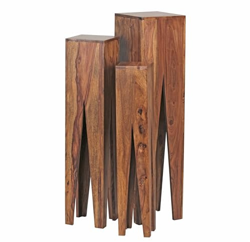 FineBuy Beistelltisch 3er Set Sheesham Massivholz, Säulentisch