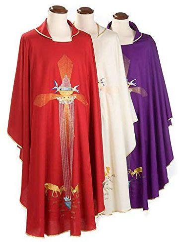 Holyart Casula Cervi alla fonte acquasantiera pani Pesci, Rosso