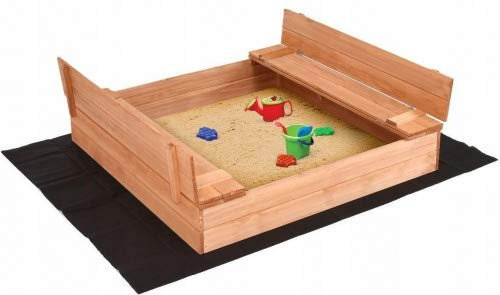 ADGO - Sabbiera in legno chiusa, 120 x 120 cm, con panchine, set comprensivo di tessuto non tessuto agro tessile per l'isolamento del pavimento e una copertura impermeabile (impregnato)
