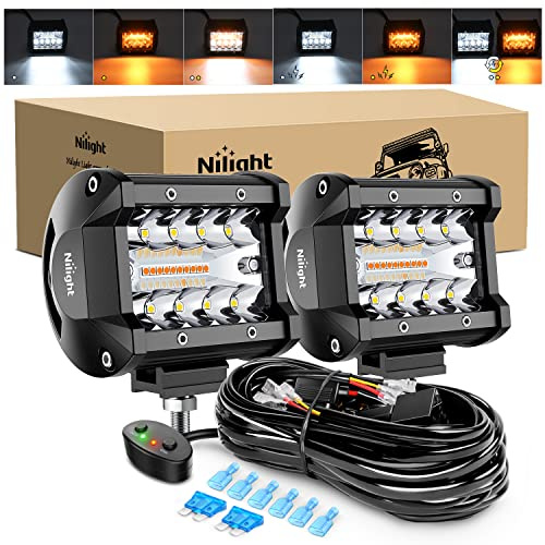 Nilight 2PCS 4Inch 60W LED Pods Spot Flood Amber White Light Bar Strobe 6 Modes Memory Function Off-Road Truck Car ATV SUV Cabin Boat with 16AWG Wiring Harness Kit-2 Lead, 2 Years Warranty