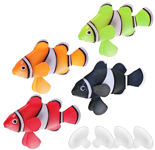 Mesee 4 Stück Clownfisch Aquarium Ornament, Aquarien Silikon Fische, Fische Aquarium Dekoration Künstliche Bunte Fische, Fluoreszierende Silikonfische für die Dekoration, Schwimmende Fischdekorationen