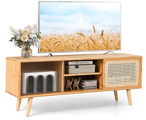 COSTWAY Mobile TV per TV Fino a 55, Mobile Porta TV Salloto, Mobiletto Soggiorno con 2 Ante Scorrevoli, Tavolo Consolle con Gambe in Legno Gamba, 120,5 x 31 x 45,5 cm (Naturale)