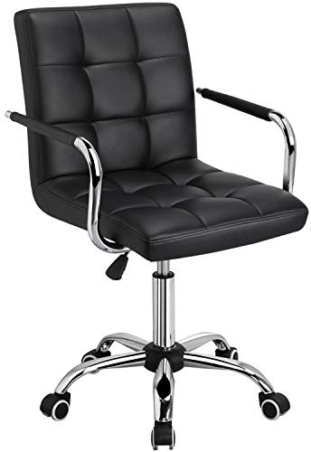 Yaheetech Swivel Desk Chair PU Leather Office Chair with Wheels Armrests Adjustable Height for Home Office, Black