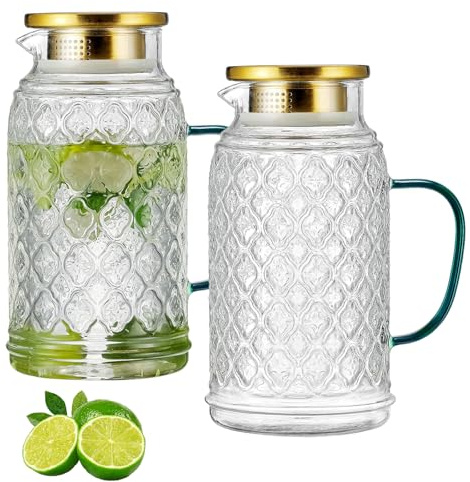 Buaic Glass Pitcher with Lid, 2 PACK 68 oz/2 Liter Vintage Water Pitcher, Clear Borosilicate Glass Water Carafe for Cold Brew, Coffee, Lemonade, Iced Sun Tea,Beverage, Milk, Heat Resistant