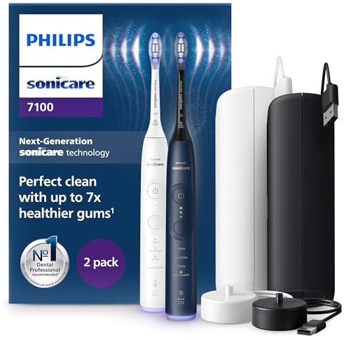 Philips Sonicare 7100 elektrische Zahnbürste, Schallzahnbürste mit App, 4 Putzmodi und 3 Intensitätsstufen, Andruckkontrolle, EasyStart, Weiß und Marineblau, 2er Pack, HX7429/01 [Neue Technologie]