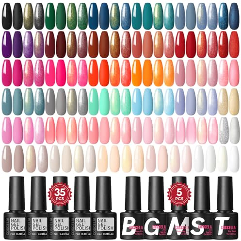COSCELIA 40Pcs Vernis Semi Permanent Kit, 35 Couleurs Rouge Blanc Nude Noir Pailleté Automne Vernis Gel UV Semi Permanent + 1 Base Coat＋4 Top Coat, UV/LED Vernis à Ongles Pour DIY Kit Manucure