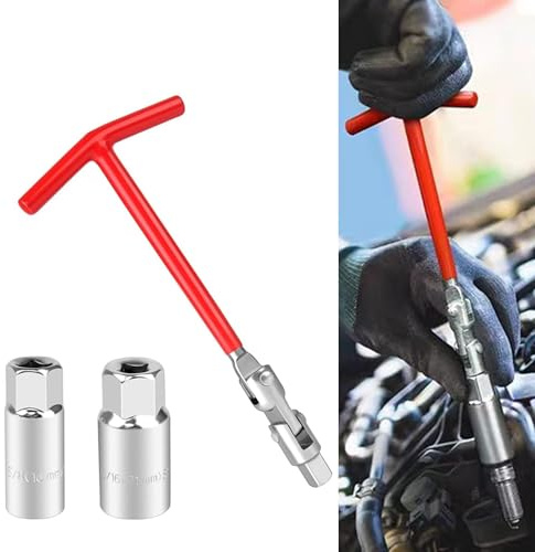 ijuicy 3 PCS Car Spark Plug Gap Tool, T-Handle Universal Joint Spark Plug Socket Wrench Set, 16mm (5/8) and 21mm (13/16) Spark Plug Removal Tool (Red)