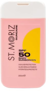 St Moriz Suncare LSF 50 Körper-Sonnencreme | Feuchtigkeitsspendend, Aloe Vera und Vitamin E LSF 50 UVA- und UVB-Schutz, tägliche Anwendung | Dermatologisch getestet | Vegan | Ohne Tierversuche | 200ml