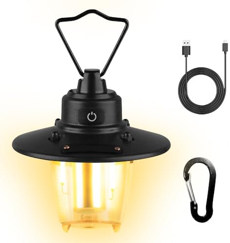 LED Campinglampe Aufladbar, Retro Campinglaterne Akku mit Haken, 3 Lichtmodi Stufenlos Dimmbar, 2800 mAh, Tragbar Campingleuchte，Aufladbar Zeltlampe, für Outdoor, Nachtangeln, Garten,