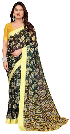 ETHNICMODE Indian Saree For Women Printed Georgette Light Weight Party Wear Green Sari With Unstitched Yellow Blouse Piece-1216