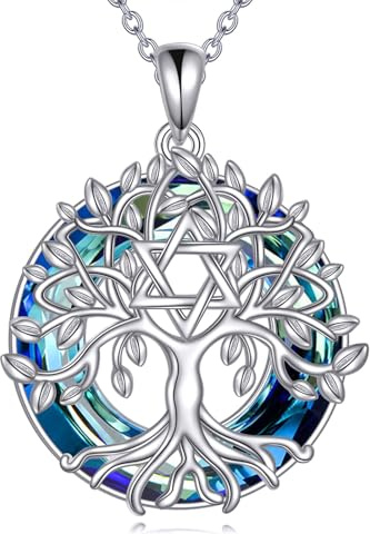 YFN Tree of Life Necklace Sterling Silver Star of David Pendant Blue Crystal Jewellery Gift for Ladies and Mothers