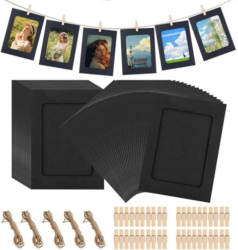 Guirnalda de fotos, 50 unidades, cuerda de fotos con pinzas, 10 x 15 cm, marco de fotos de papel para manualidades, color negro, con 50 pinzas de madera, 5 unidades de cuerda de cáñamo de 6 pulgadas