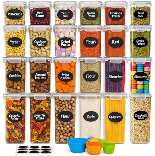 GiDeli Contenitori con coperchio ermetici – Set di 24 contenitori in plastica – senza BPA – Scatole da cucina grandi – Organizzatore per farina, zucchero e grani – con penna ed etichetta