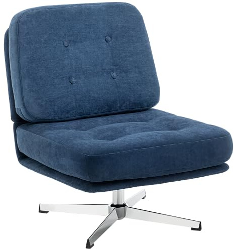 HOMCOM Fauteuil Salon sans accoudoirs Rotatif Assise Large Bleu Foncé | Rembourrée Tissu Chenille, Pieds Croisés en Métal sans Roulettes, Fauteuil Relax, pour Chambre et Salon