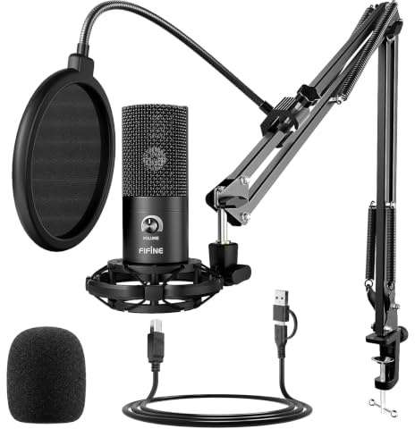 FIFINE Condensatore a Microfono studio kit, USB Microfono Computer con Braccio per Microfoni Regolabile e Filtro Anti-pop per Strumenti Voice Overs Registrazione Podcasting YouTube Gaming