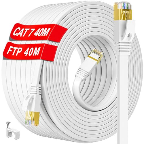 LAN Kabel 40 meter, Cat 7 Netzwerkkabel 40m Flach Ethernet Kabel Outdoor Indoor, Lang Schirmung Hochgeschwindigkeit RJ45 Internet Kabel FTP 600MHz, Aussen Gigabit Patchkabel für Router Xbox (40 Clips)