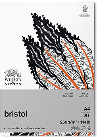 Winsor & Newton 6661545 Bristol Zeichenpapier im Block - 20 Blatt DIN A4, 250g/m², kopfgeleimt, strahlend weißes Papier für Zeichnungen mit technischen Stiften, Finelinern, Tusche, Markern, Airbrush