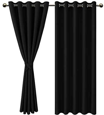 DWCN Black Blackout Curtains with Tiebacks for Bedroom Thermal Insulated Solid Eyelet Curtains for Living Room,2 Panels,66 Wide x 90 Drop