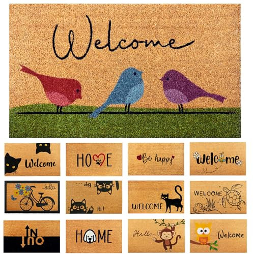 Fußmatte Kokosfaser Bunte Vögel - 70x40cm - Willkommens Fussmatte mit Antirutsch PVC & Kokos Oberfläche - für Hauseingänge, Flure, Außentüren, Wohnaccessoires - Schlichtes Originaldesign