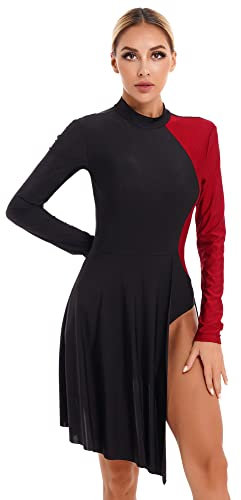 iEFiEL Damen Tanzkleid mit Asymmetrisch Rock Wickelrock Tango Latein Kleider Ballettanzug Eiskunstlauf Kleid Tanzkostüm Burgundy M