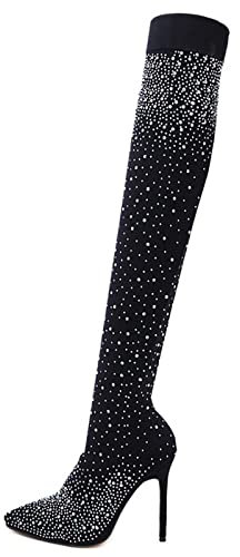Womens Fine Stretch Mesh Socks Fit Diamante Sparkly Glamor Pointed Toe Thigh High Heeled Boots with Bling Rhinestones in Black,Black,35 EU/4 US