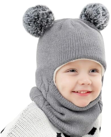 Baby Girls Boys Winter Hat Scarf Earflap Hood Scarves Caps Toddler Kids 1-5T Grey