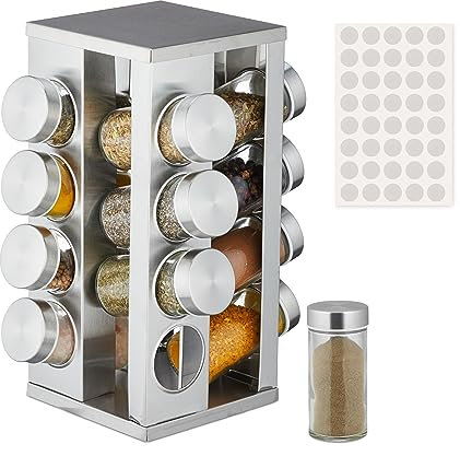 Relaxdays Gewürzkarussell, 16 Gewürzgläser, 40 Etiketten, 360° drehbar, Edelstahl, Glas, HBT: 27,5x19,5x19,5 cm, silber