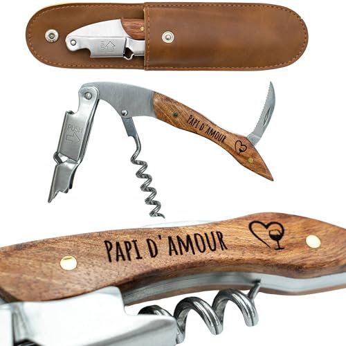 ERNESTINE - Tire-bouchon Papi sommelier en acier inoxydable gravé, professionnel, fête des pères et Noël - ouvre-capsule, couteau - Cadeau personnalisé pour homme- Ouvre-bouteille idée cadeau papi