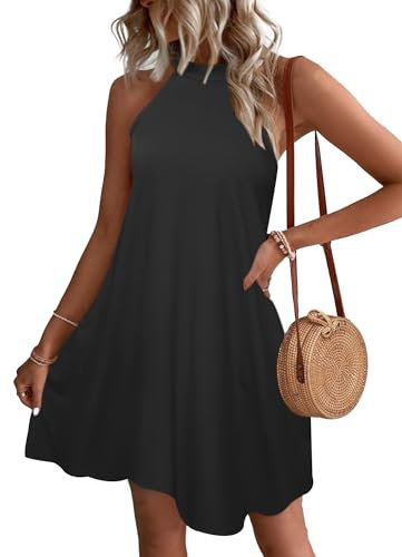 WNEEDU Sommerkleider Damen Kurze Strandkleider Neckholder Ärmelloses A-Linie Freizeitkleid mit Taschen,Schwarz M