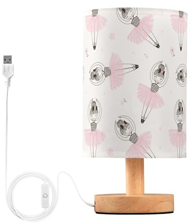 YYZZH Table Lamp Cute Ballerina Girl Pink Flower Pattern Nightstand Lamp with Wood Base Fabric Lamp Shade Bedside Desk Lamp for Living Room Bedroom Kids Room Office
