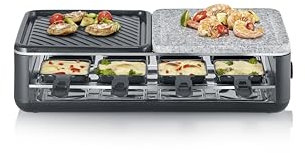 SEVERIN Raclette-Grill für 8 Personen, Naturgrillstein & antihaftbeschichtete-Grillplatte, Tischgrill mit extra tiefen Pfännchen, spülmaschinengeeignet, Black Line, RG 2366