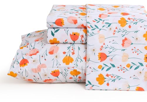 JSD Tulip Floral Sheet Set Full Size, 4 Piece Printed Microfiber Bed Sheets Deep Pocket