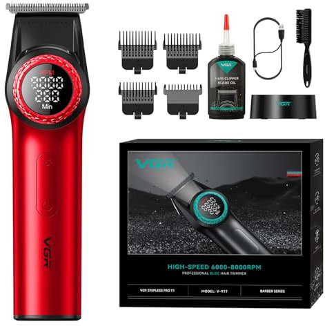 VGR 977 Cortapelos Profesional Hombre 8000 RPM T-Blade Trimmer Cortadora de Peluquería Inalámbrica con Distancia Cero Cero Recargable con Pantalla LED Rojo