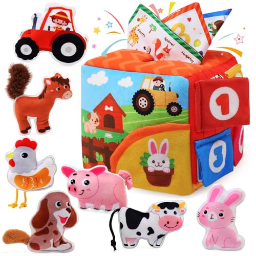 Ballery Jouet Eveil Bebe 6-12 Mois, Jouet Sensoriels Montessori Boite Mouchoir Bebe avec Animaux Fermiers, Hochet, Mouchoir Froissé, Miroir, Cadeau Bebe 6 9 12 Mois