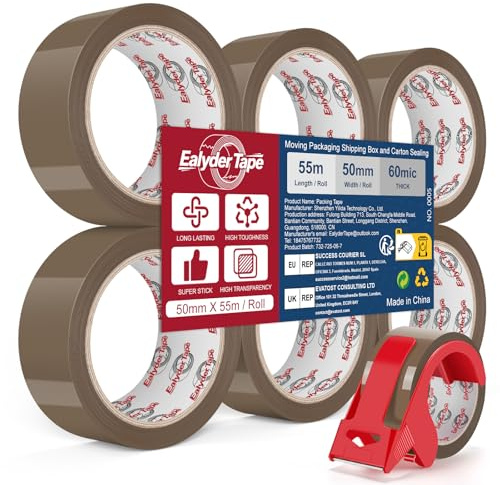 6 Rouleaux Ruban d'Emballage Brun 50mm x 55m Fort Adhésif avec Dérouleur