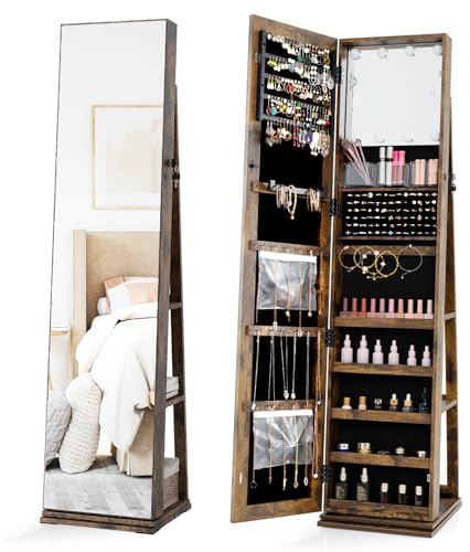 COSTWAY 3 en 1 Armoire a Bijoux Pivotante à 360°, Miroir Pleine Longueur, Étagères Arrière, 3 Lumières LED, 3 Boîtes en Acrylique, 2 Poches, Armoire de Rangement Cosmétiques Verrouillable (Industriel)
