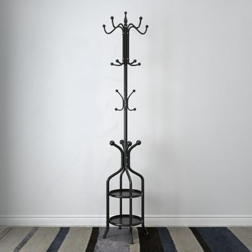 Metallklädhängare Med 12 Krokar Och Paraplyställ Platsbesparande Hallmöbel Fristående Metallklädhängare Med Hyllor För Hattar, Kläder Och Handväskor(Black)