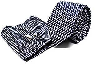 Sweet Leaf Coffret Ensemble Cravate Homme, Mouchoir de Poche, Boutons de Manchette à carreaux Bleu - 100% en Soie - Elégant et Moderne - (Idéal pour un cadeau, un mariage, avec un costume…)