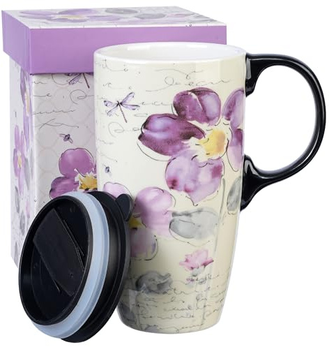 Topadorn Tall Ceramic Travel Mug 17 oz. Coffee Cups Sealed Lid With Color Box (Purple Flower)