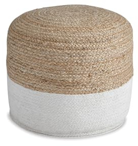 Signature Design by Ashley Sweed Valley Jute & Cotton Pouf, 19 x 19 Inches, Beige & White