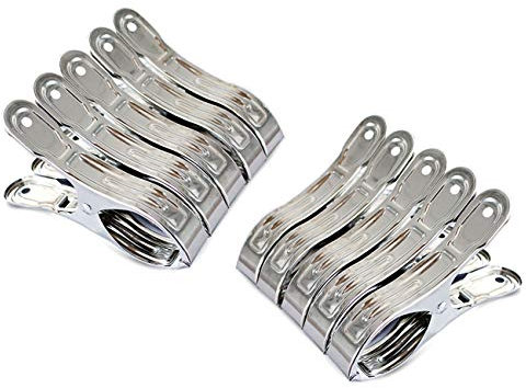 FOMMEN Outdoor Heavy Duty clothespins 10 Pack Large Stainless Steel Quilt Clips,Beach Towel Clips,Curtain Clamps,Rubber Tipped Metal Clothes
