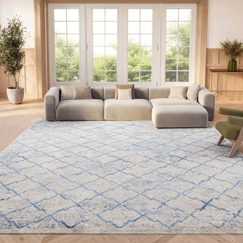 SAFAVIEH Brentwood Collection Area Rug - 6' x 9', Light Grey & Blue, Trellis Distressed Design, Non-Shedding & Easy Care, Ideal for High Traffic Areas in Living Room, Bedroom (BNT809G)