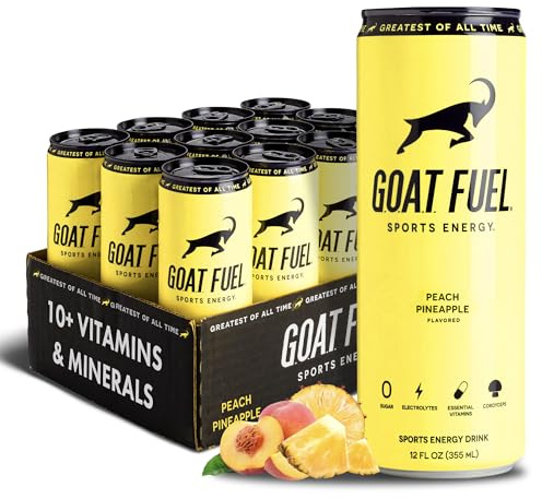 G.O.A.T. Fuel Energy Drink, Co-Founded by Jerry Rice, Natural Caffeine, Electrolytes, BCAAs, Cordyceps Mushrooms & Antioxidants, Light Carbonation Pre Workout, 12 Pack, 12 FL Oz, Peach Pineapple