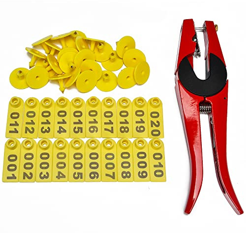 WUBAO - Etiquetas de oreja de oveja para identificación de mascotas, tipo láser, aretes de cabeza de cobre, 1 aplicador de etiquetas de oreja para cabra/oveja/cordero (100 unidades)