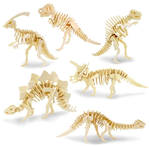 Georgie Porgy 3D Wooden Puzzles DIY Models Kits for Kids Dinosaur Airplane Woodcraft Construction Toys Pack of 6 (T-Rex Triceratops Spinosaurus Parasaurolophus Apatosaurus Stegosaurus)