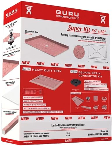 GURU USA SuperKit Square Shower Kit with Heavy Duty Tray, Water-Stop Membrane Roll, & Hair Strainer, Bathroom Accessories Set without Drain, 36 x 60, Center Drain, PVC Connector